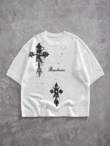 ROMWE MEN Men's Crew Neck Letter & Cross Graphic Casual Versatile Daily Wear Knit Short Sleeve Top - Multicolor - View 1