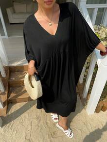 Dazy Plus V-Neck Solid Color Batwing Sleeve Long Plus Size Women Nightgown, Spring/Summer - Black - View 4