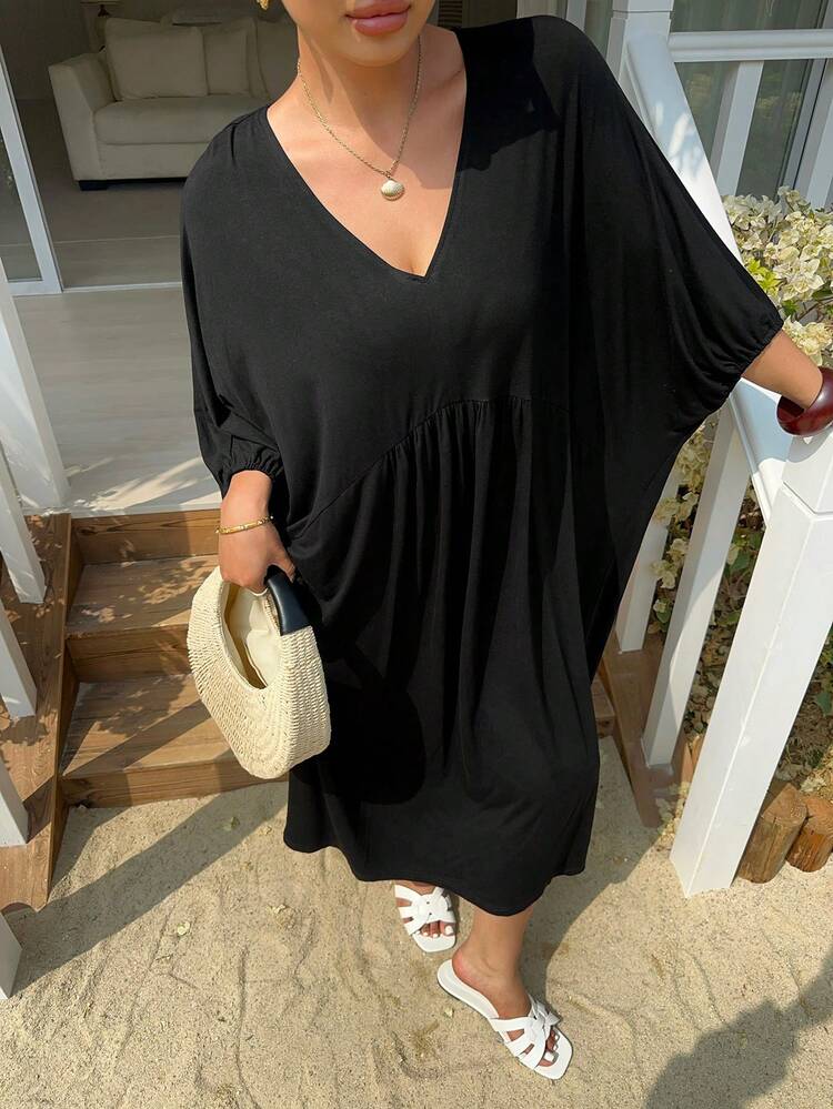 Dazy Plus V-Neck Solid Color Batwing Sleeve Long Plus Size Women Nightgown, Spring/Summer