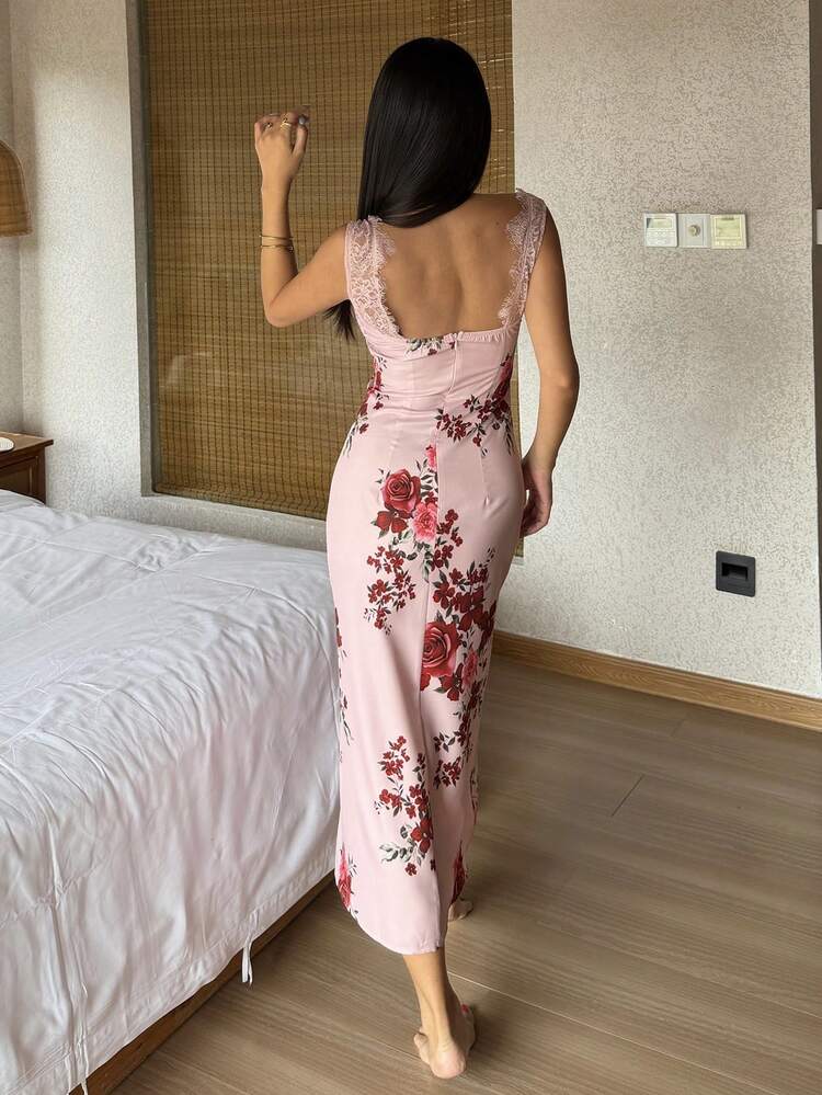 Elegant Floral Print Lace Patchwork Sleeveless Waist Cinched Long Nightgown For Women