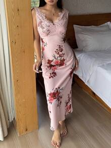 DAZY Áo ngủ dài không tay, thắt eo, phối ren hoa trang nhã dành cho nữ. - Hồng - Xem 7