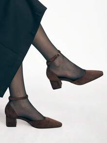 Mnmlis Tacones altos para mujer para exteriores, zapatos de moda de tacón grueso y punta cuadrada, versátiles, de ante y con diseño hueco, para primavera, verano, otoño e invierno - Café - Ver 11