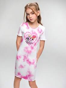 THE POWERPUFF GIRLS X SHEIN 1 pieza Vestido informal de estilo casual para niña preadolescente con cuello redondo, manga corta, cómodo, con estampado de teñido anudado y de dibujos animados - Multicolor - Ver 4