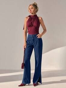 CLARA VERO Low Waist Side Slit Elegant Straight Jean - Dark Wash - View 5
