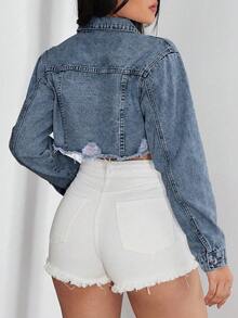 Jeanoix Áo khoác denim nữ dáng ngắn, kiểu dáng thường ngày, cài cúc phía trước, chất liệu denim rách nhẹ, thích hợp cho mùa hè. - Rửa trung bình - Xem 2