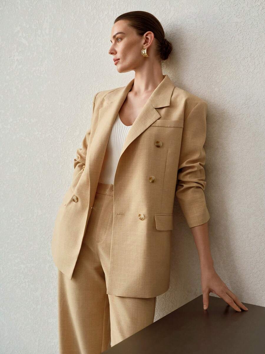 MOTF PREMIUM WOMEN'S COMMUTER FAUX LINEN BAMBOO TEXTURED BLAZER - Khaki - View 1