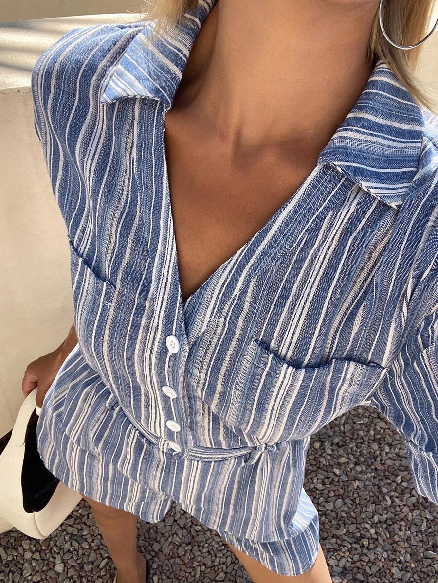 DAZY Women's Casual Striped Pocket Straight Leg Jumpsuit, Spring/Summer - Medium Wash - View 1