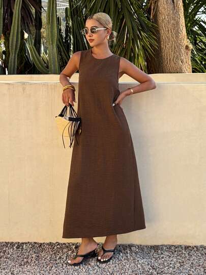 DAZY 女士休闲纯色高开衩直筒中长连衣裙，腰部系带