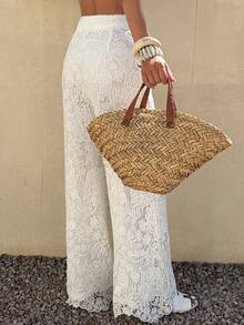 Livesso Women's Casual Vacation Style Lace Patchwork Wide Leg White Pants, Spring/Summer - White - View 2