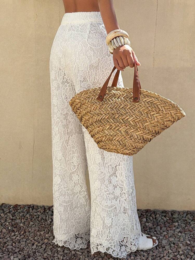 Women's Casual Vacation Style Lace Patchwork Wide Leg White Pants, Spring/Summer