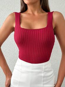 Solid Cable Knit Tank Top - Burgundy - View 4