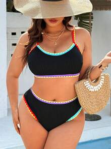 Swim Vcay Bộ bikini cạp cao phối màu hoa văn dành cho nữ, cỡ lớn. - màu đen - Xem 5