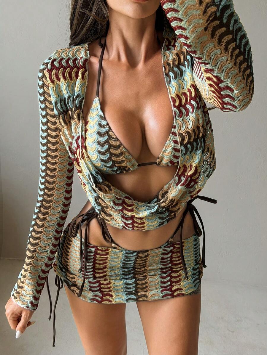 Swim SXY 女士针织网纱拼接露背性感比基尼套装 - 彩色 - 查看 1