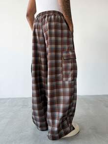 Manfinity Hypemode Men's Plaid Flap Pocket Drawstring Waist Cargo Pants - Coffee Brown - View 2