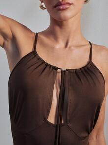 Hauture Áo liền thân nữ cổ khoét hình giọt nước có dây rút, kiểu dáng gợi cảm, thích hợp mặc đi làm. - Cà phê nâu - Xem 7