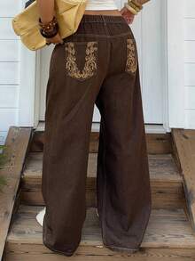 Dazy Plus 宽松阔腿街头风后袋蕾丝设计休闲大码女式长款牛仔裤，四季皆宜 - 棕色 - 查看 9