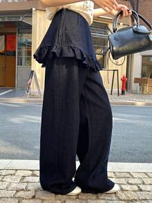 DAZY 女士休闲喇叭牛仔裤，带口袋和荷叶边裤脚，适合日常穿着 - 藍色 - 查看 2