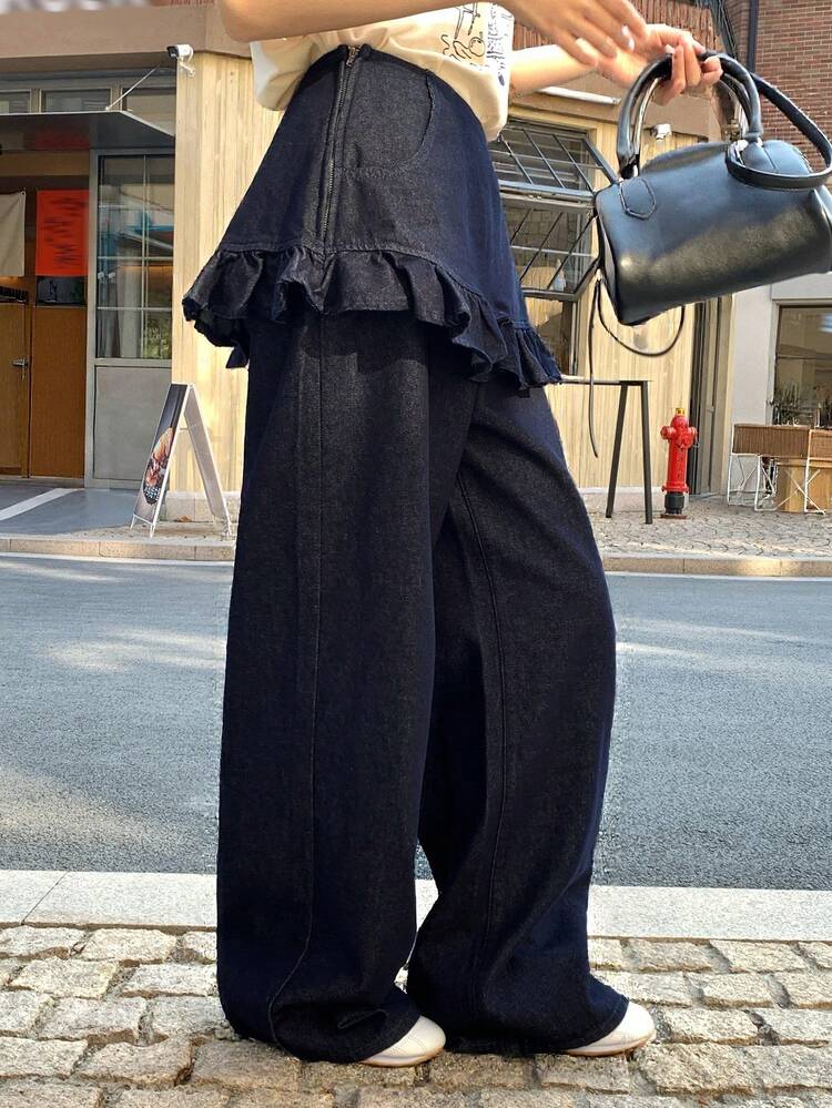 Women's Casual Flared Jeans With Pockets And Ruffle Hem, Versatile For Daily Wear