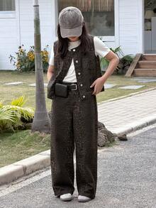 Tween Girls Bow Print Full-Print Casual Open-Front Round Neck Vest And Loose Denim Pants Denim Set, Fall - Brown - View 2