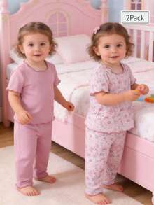 Baby Girls' Ditsy Floral Ribbed Fabric Short Sleeve Pajama Set With Ruffle Hem, Dusty Rose Floral Pajama Set Girls Sleepwear Girls Pajama Set - Dusty Pink - View 1