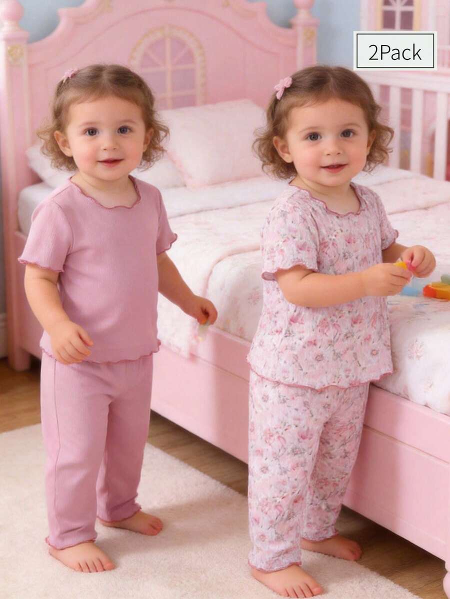 Baby Girls' Ditsy Floral Ribbed Fabric Short Sleeve Pajama Set With Ruffle Hem, Dusty Rose Floral Pajama Set Girls Sleepwear Girls Pajama Set - Dusty Pink - View 1