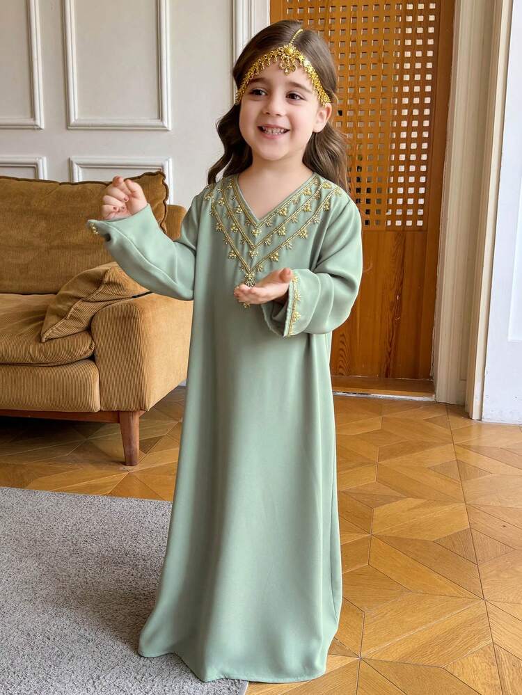 Young Girl Bohemian Style Beaded V-Neck Long Sleeve Dress
