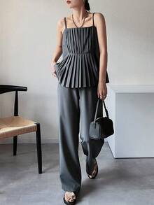 FRIFUL Women's Camisole Top With Pleated Waist & Elastic Waist Pants 2 Pieces Set - Grey - View 1