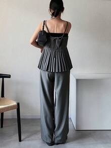 FRIFUL Women's Camisole Top With Pleated Waist & Elastic Waist Pants 2 Pieces Set - Grey - View 3