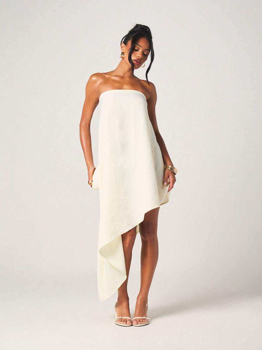 MISSGUIDED Women's Strapless Asymmetrical Draped Mini Dress With Side Ruffle Detail Elegant Cocktail Party Summer Wedding Guest Outfit - Yellow - View 1