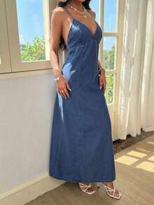 Breezaya Women's Denim Extra Long High Slit Dress - Blue - View 1