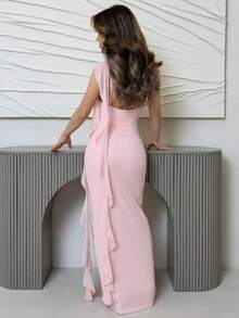 Jemour Váy Maxi Lưới Xếp Nếp Không Đối Xứng Màu Trơn Cho Nữ, Váy Đi Biển Thanh Lịch, Mùa Xuân/Hè - Màu Hồng baby - Xem 2