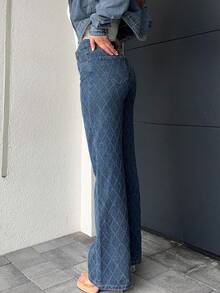 Jeta Ari 女士宽松休闲时尚格子直筒牛仔裤，适合秋季、冬季和春季 - 深色水洗藍 - 查看 4