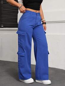 SHEIN EZwear Quần jeans cargo nữ mùa hè có khóa kéo và túi nắp - Màu xanh lam - Xem 5