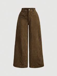 SHEIN Tween Girl Solid Color Retro Minimalist Corduroy Ribbed Pants, Khaki Wide Leg Trousers, Autumn/Winter Pants - Cocoa - View 3
