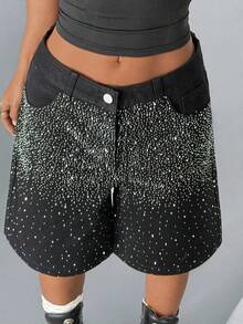 StreetHx Women's Pocketed Rhinestone Embellished Wide Leg Loose Bermuda Denim Shorts - Black - View 6