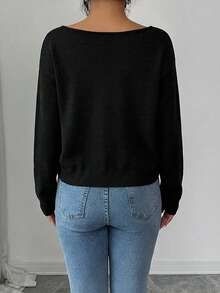 EURMUSE Women's Casual Solid Color Boat Neck Dropped Shoulder Sweater, Autumn/Winter - màu đen - Xem 2