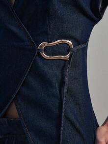 Hauture Áo sơ mi denim nữ kiểu quấn vai với chi tiết kim loại vàng, gợi cảm, phù hợp cho công sở. - Rửa tối - Xem 5