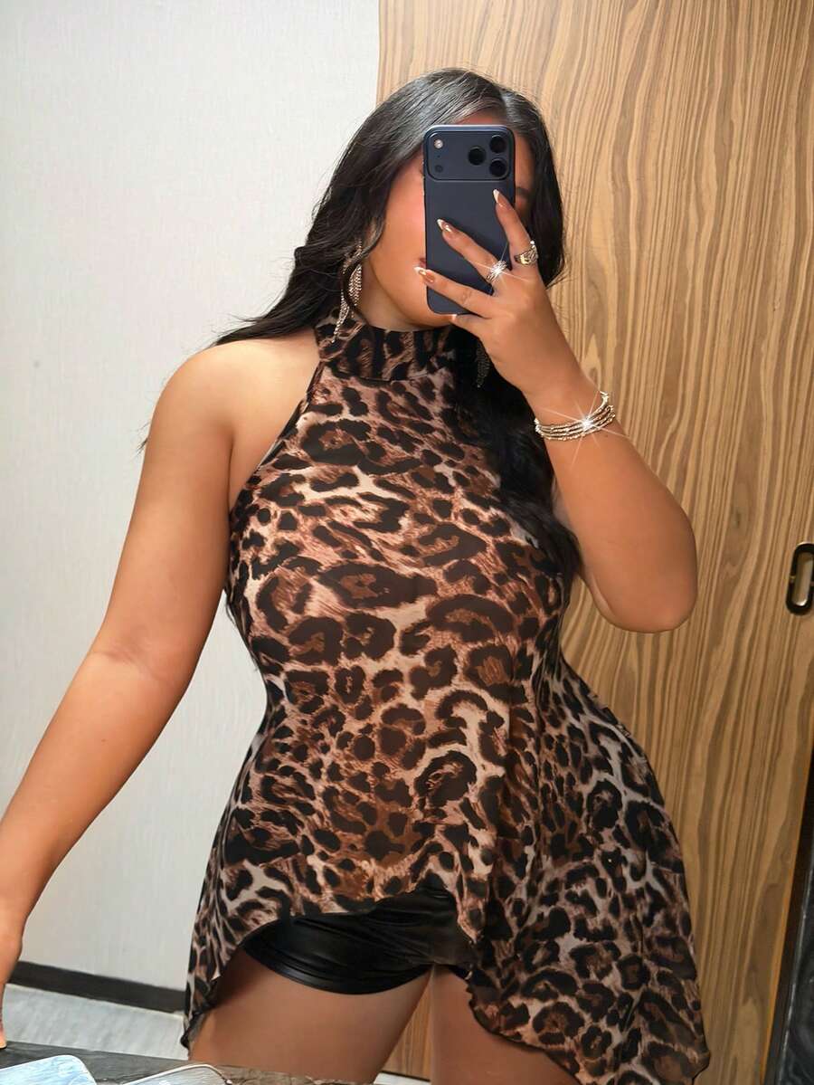 NU&NOW Camisa casual versátil de uso diario con estampado de leopardo y bajo asimétrico para mujer de talla grande - Marrón - Ver 1