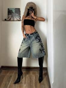 StreetHx Women's Patterned Pocket Wide Leg Loose Casual Bermuda Denim Shorts - Blue - View 3