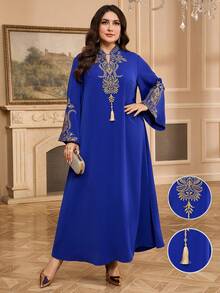 Al Najma 大码女式优雅复古刺绣喇叭袖阿拉伯风格连衣裙，端庄 - 寶藍色 - 查看 3