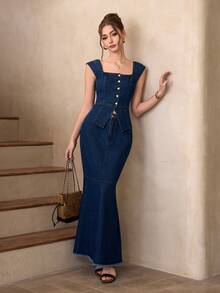 Selenza Women's Elegant Party Denim Mermaid Skirt - Dark Wash - View 4