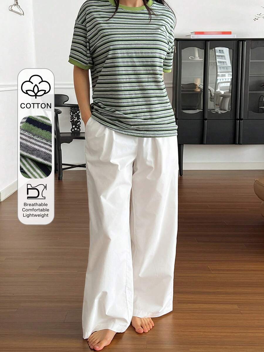 DAZY 2件套女士宽松条纹短袖T恤和直筒长睡裤，夏季睡衣套装 - 綠色 - 查看 1