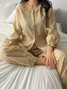DAZY Spring Sweet Plaid Ruffle Trim Lantern Sleeve Women Pajama Set - Yellow - View 1