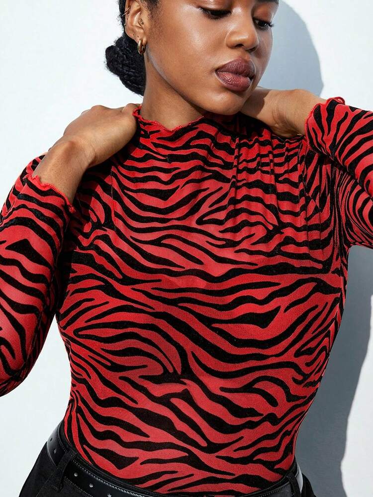 SHEIN Maija Plus Size Women's Black Sheer High Neck Mesh Long Sleeve Top, Fashionable, Comfortable, Elegant Women's Date Night, Plus Size Women's Business Casual Summer Easter Women Party Top Beach Summer Holiday Each Vacation For Women Summer For Women Going Out Graduation Casual Blouses For Women Tiger Print Plus Size Turtle Neck Top Animal Print Outfit Women New Arrivals For Plus Size Woman