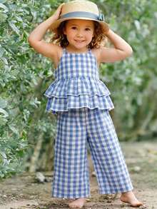 SHEIN Conjunto de camiseta de tirantes con volantes y pantalones de cintura elástica a cuadros azul y blanco, estilo casual de vacaciones para bebé niña - Azul - Ver 9