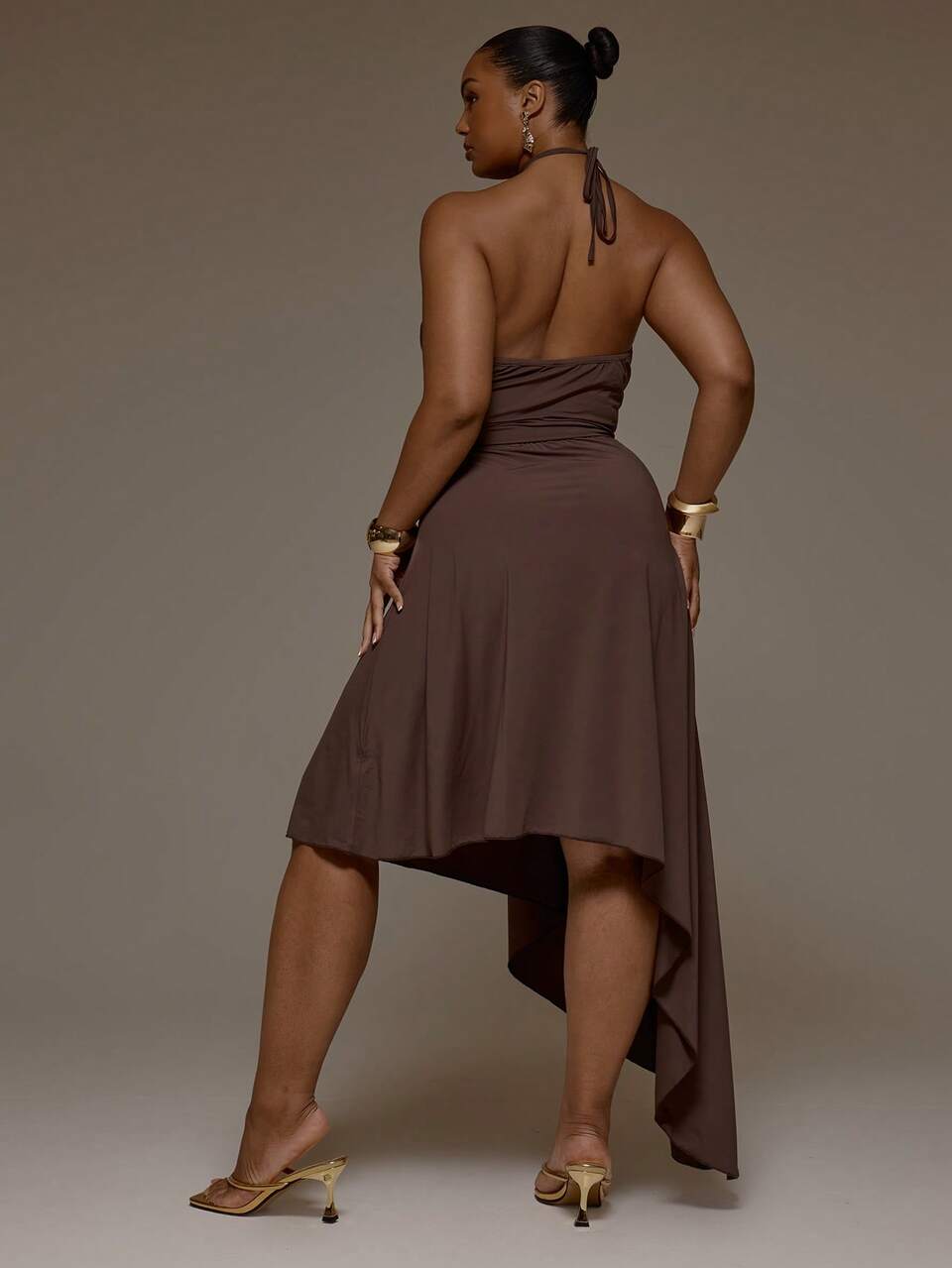 Curve Chocolate Brown Halterneck Drape Top And Midi Skirt Two Piece Set Co-Ord,Elegant Summer Holiday Vacation Beach Date Night Party Outfit
