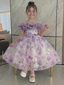 SHEIN Vestido informal de gasa con volantes en el bajo y estampado floral pequeño para niña preadolescente - Azul - Ver 2