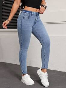 SHEIN PETITE Casual Washed Low-Waist High-Stretch Skinny Jeans - Light Wash - View 5