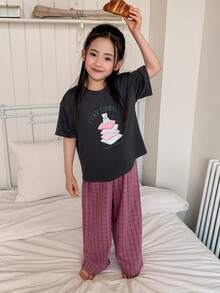 DAZY Young Girls Crew Neck Knit Printed Short Sleeve T-Shirt & Plaid Pants Home Outfit Set, Fall - Grey - View 4