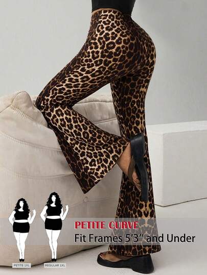 SHEIN PETITE CURVE 大码女式豹纹休闲百搭约会喇叭裤